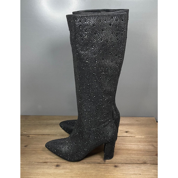 Top Moda Women's Mariha Knee High Boots Size 6.5 Black Rhinestone Zip Bling - Picture 6 of 16